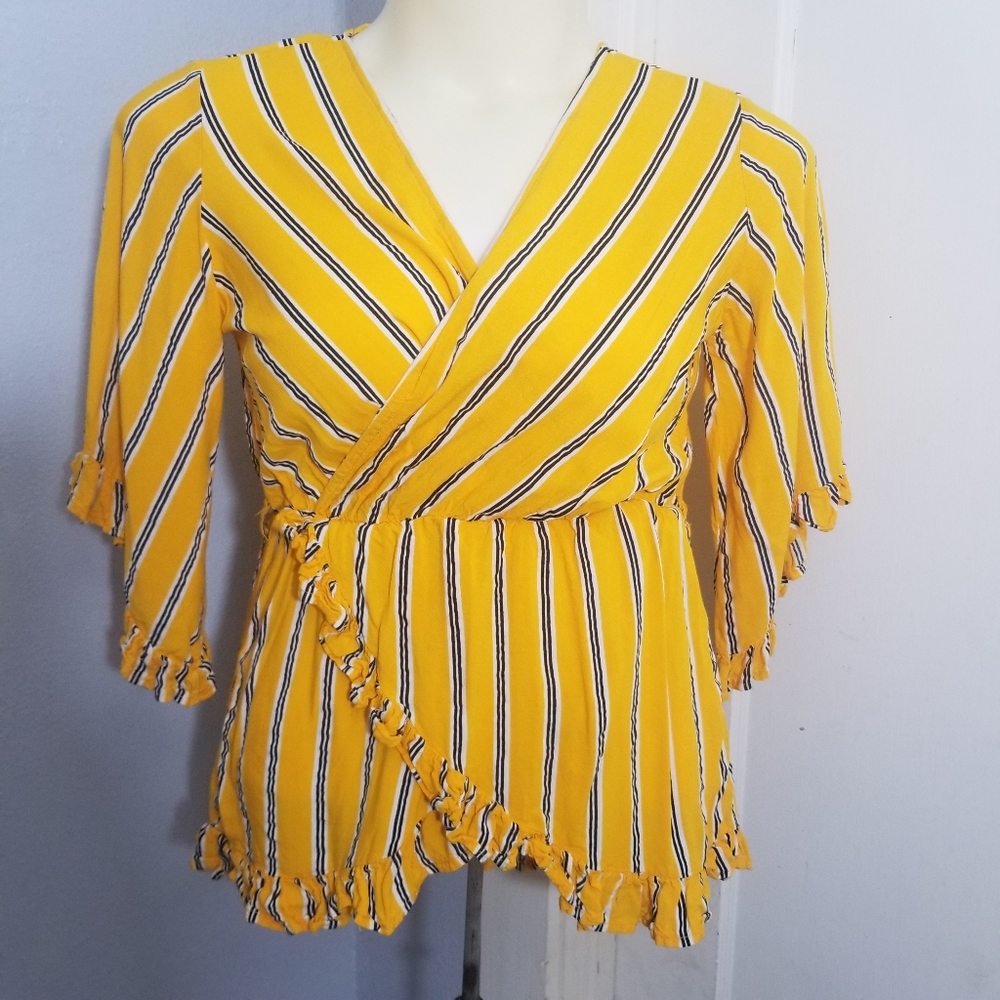 Mustard Yellow Striped Faux Wrap Top with Ruffles